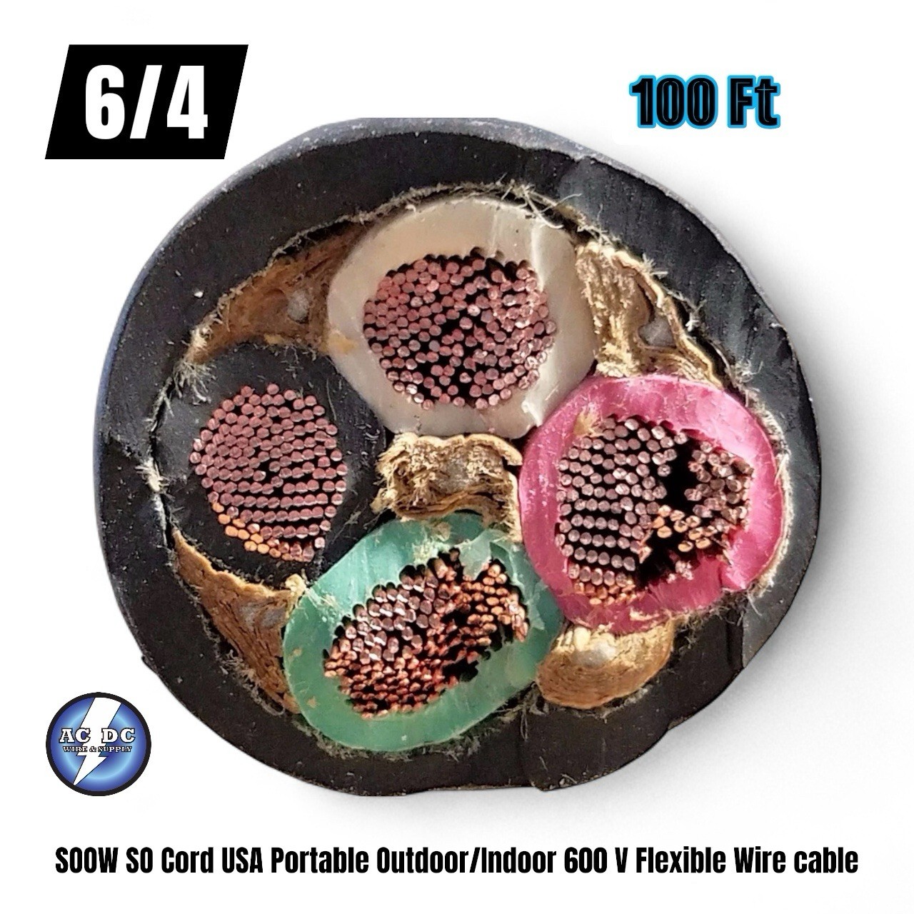 6/4 SOOW SO Cord 100 FT USA Portable Outdoor/Indoor 600 V Flexible Wire cable