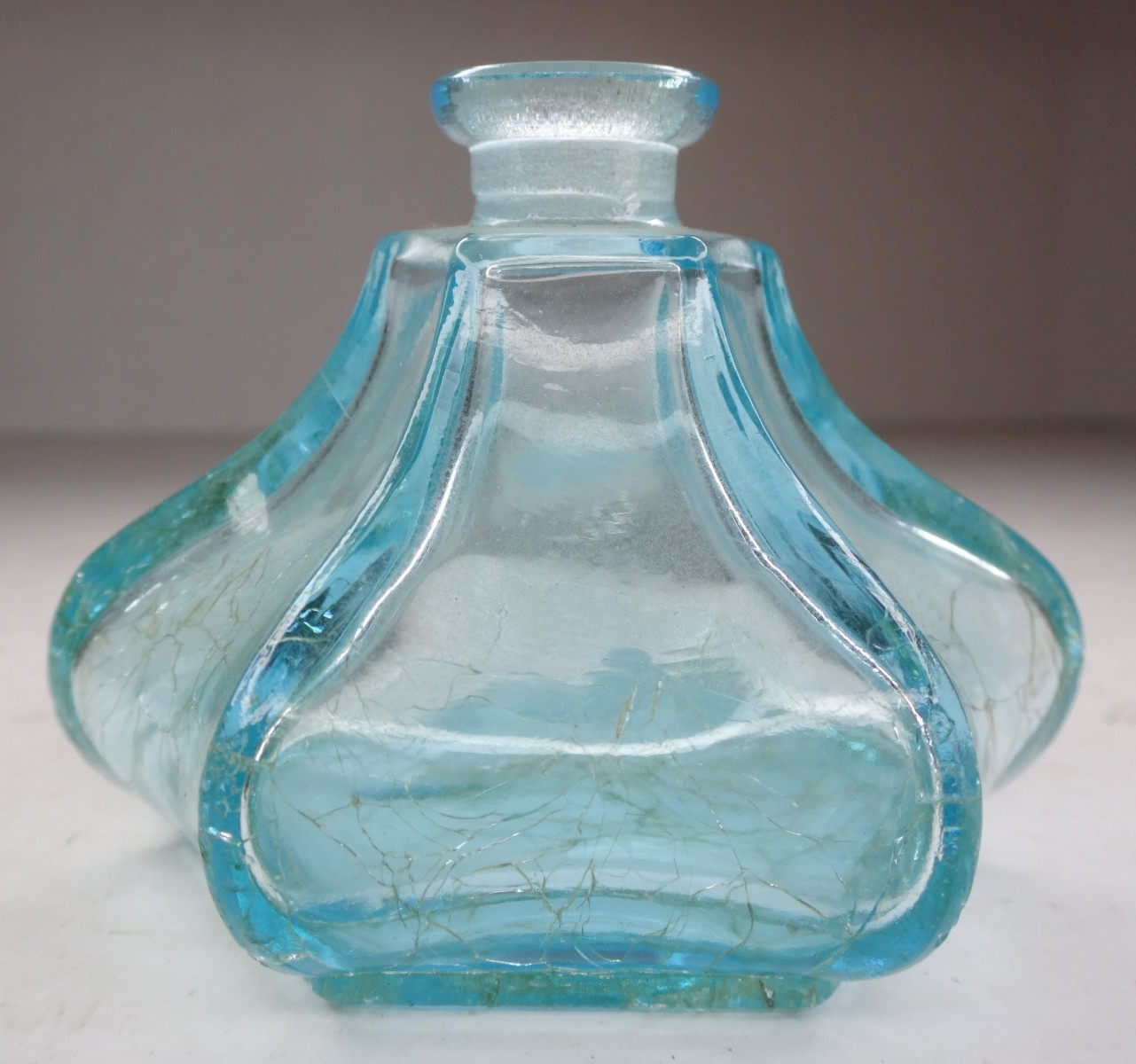 Antique Aqua Blue Green Inkwell Pressed Glass Bottle 6 Side UNUSUAL Shape