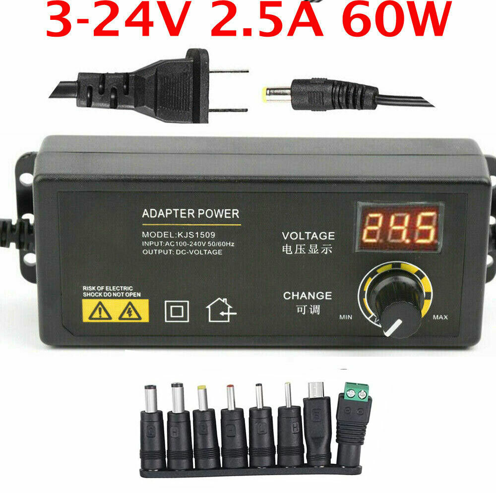 3V-24V 2.5A 60W Adjustable DC Power Supply Adapter Control Volt Display 8 Plugs