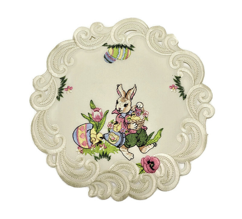 Doily Boutique Table Runner, Doily, Mantel Scarf with Easter Bunny on Ivory