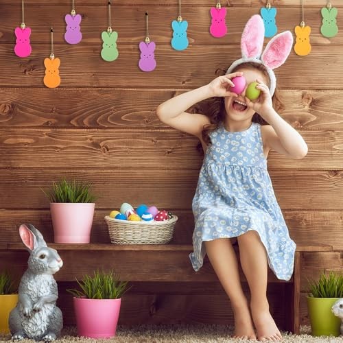 LOAVER 12 Pcs Easter Bunny Hanging Ornaments,Colorful Peeps Bunny Plastic