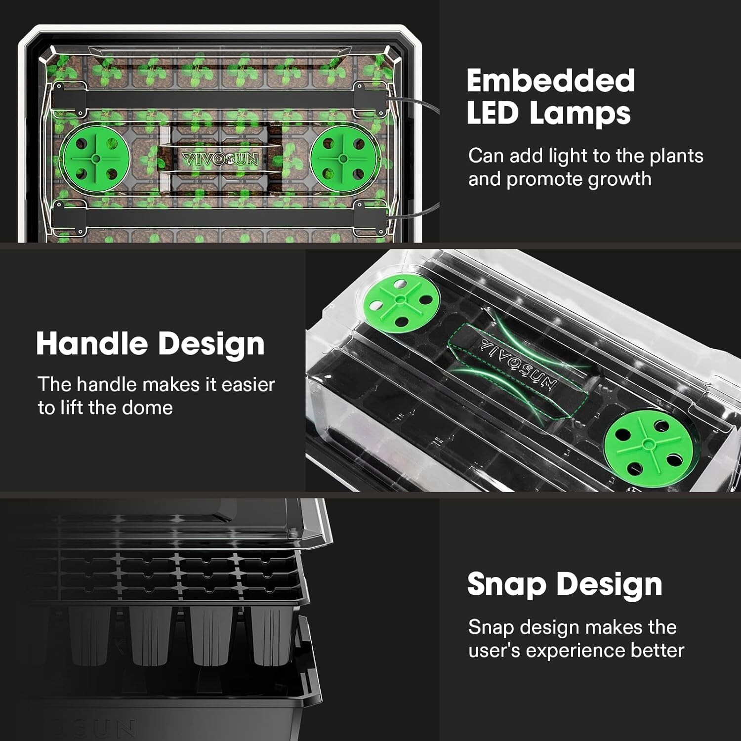 VIVOSUN 6-Pack Seed Starter Trays, 240-Cell Seed Starter Kit w/2 pcs LED Lights