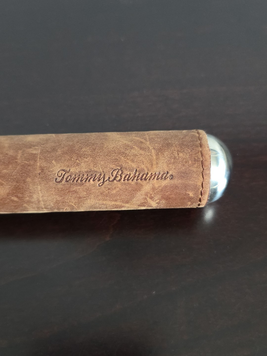 Rare Tommy Bahama Brown Leather Cigar Tube Case Stainless Steel Interior