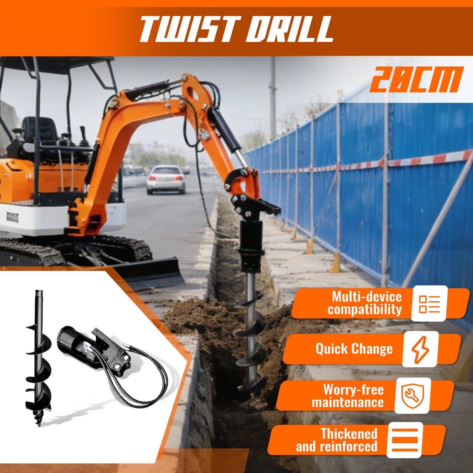 200mm Diameter Auger Drill Fits 1-1.5 Ton Mini Excavator Small Digger Attachment