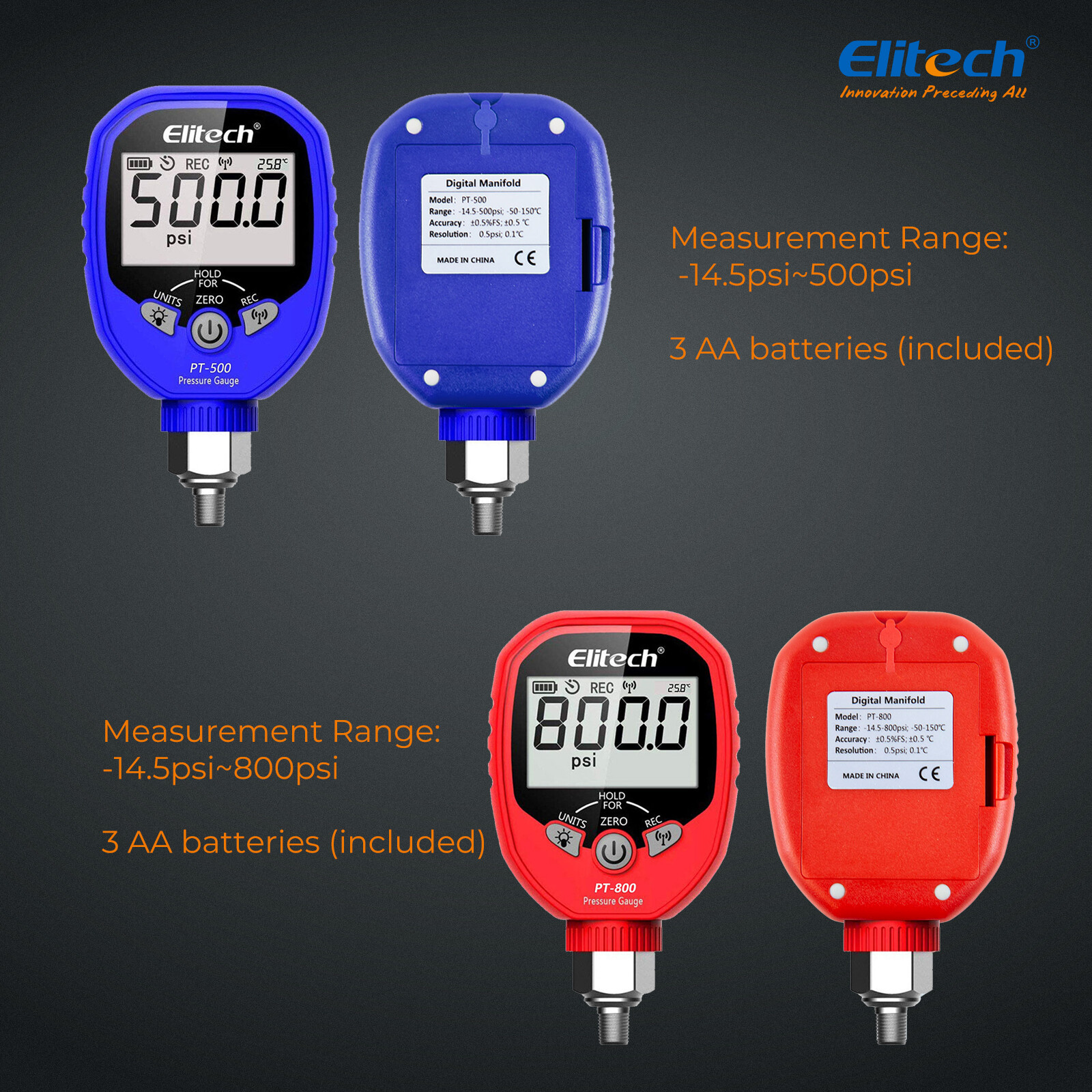 Elitech Wireless Digital Manifold Gauge HVAC Pressure Gauge Set PT-500&PT-800