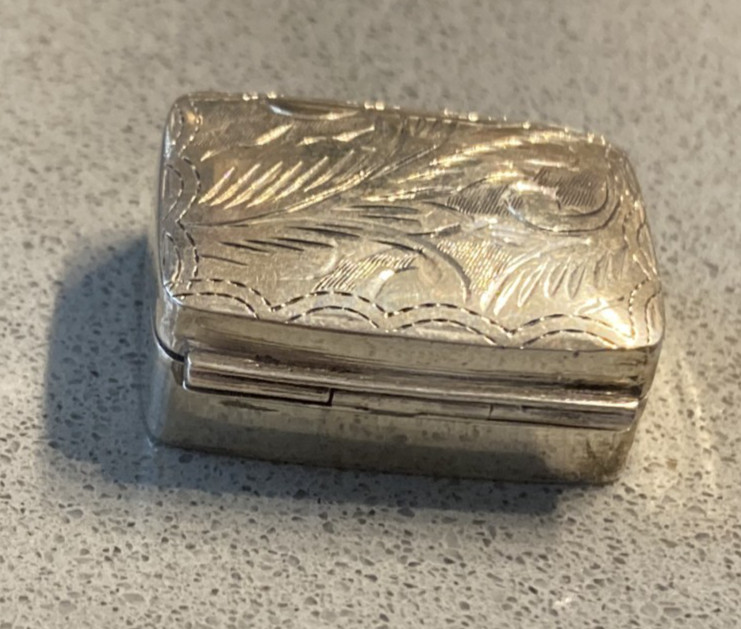 Vintage Engraved Sterling Silver Rectangle Pill Box