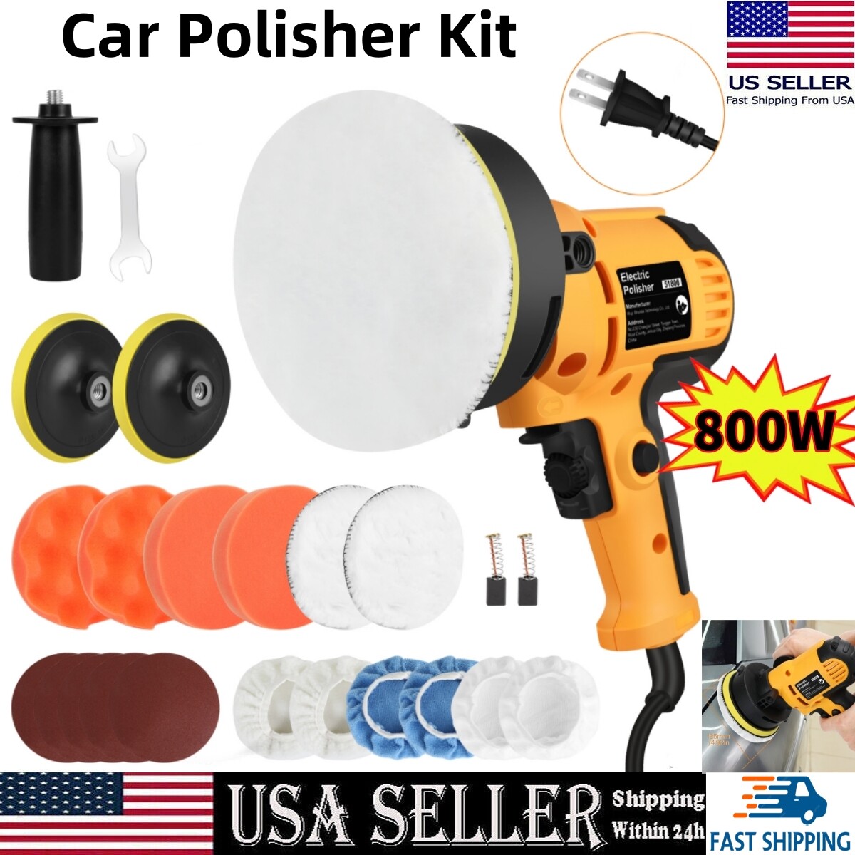 800W Car Polisher Buffer Sander Polishing Machine Kit Waxing with 5" Pad Bonnet