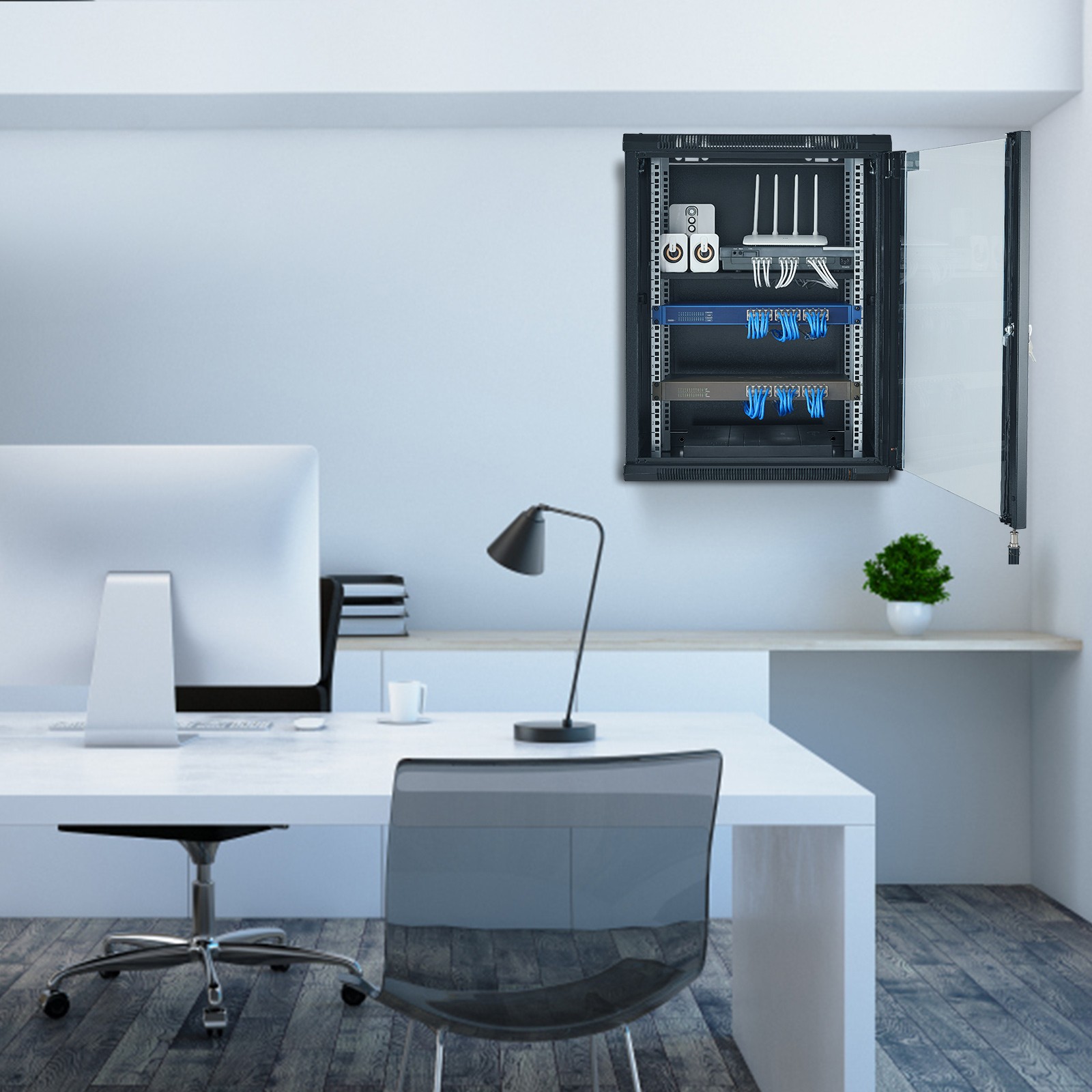 15U Wall Mount Network Server Rack Cabinet Enclosure 18'' Glass Door Lock