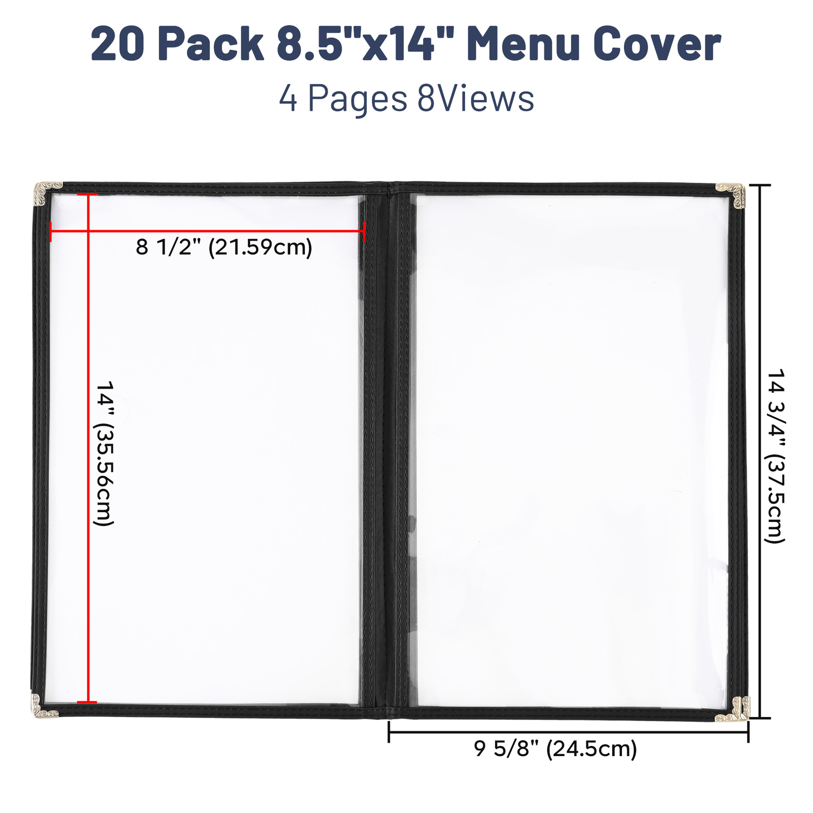 WeChef 20 Pack 8.5"x14" 4 Page 8 View Menu Covers Black Trim Restaurant Cafe