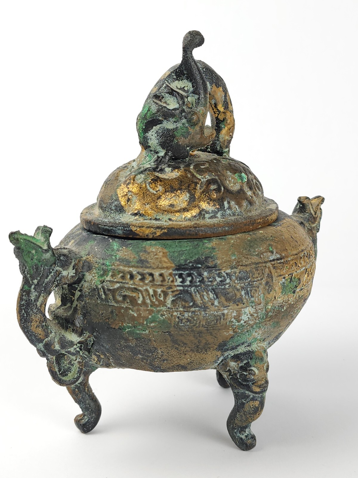 Vintage Metal Censer Lidded Incense Pot w/ Dolphin Chinese Or Japanese Replica