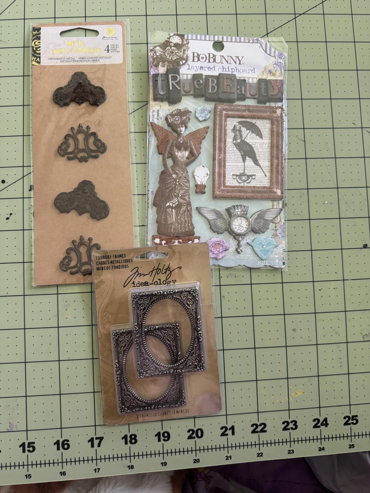 vintage scrapbook embellishment lot tim holtz bo bunny metal overlays