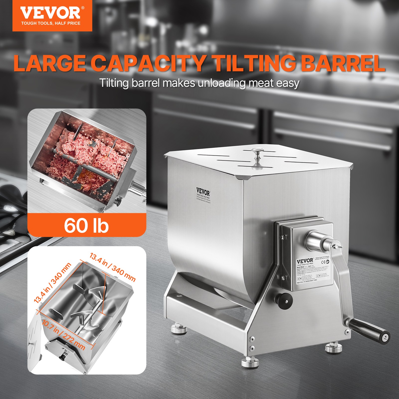 VEVOR Manual Meat Mixer Tilt Tank Mixing Max 60LB for Meat Sausage Mixer