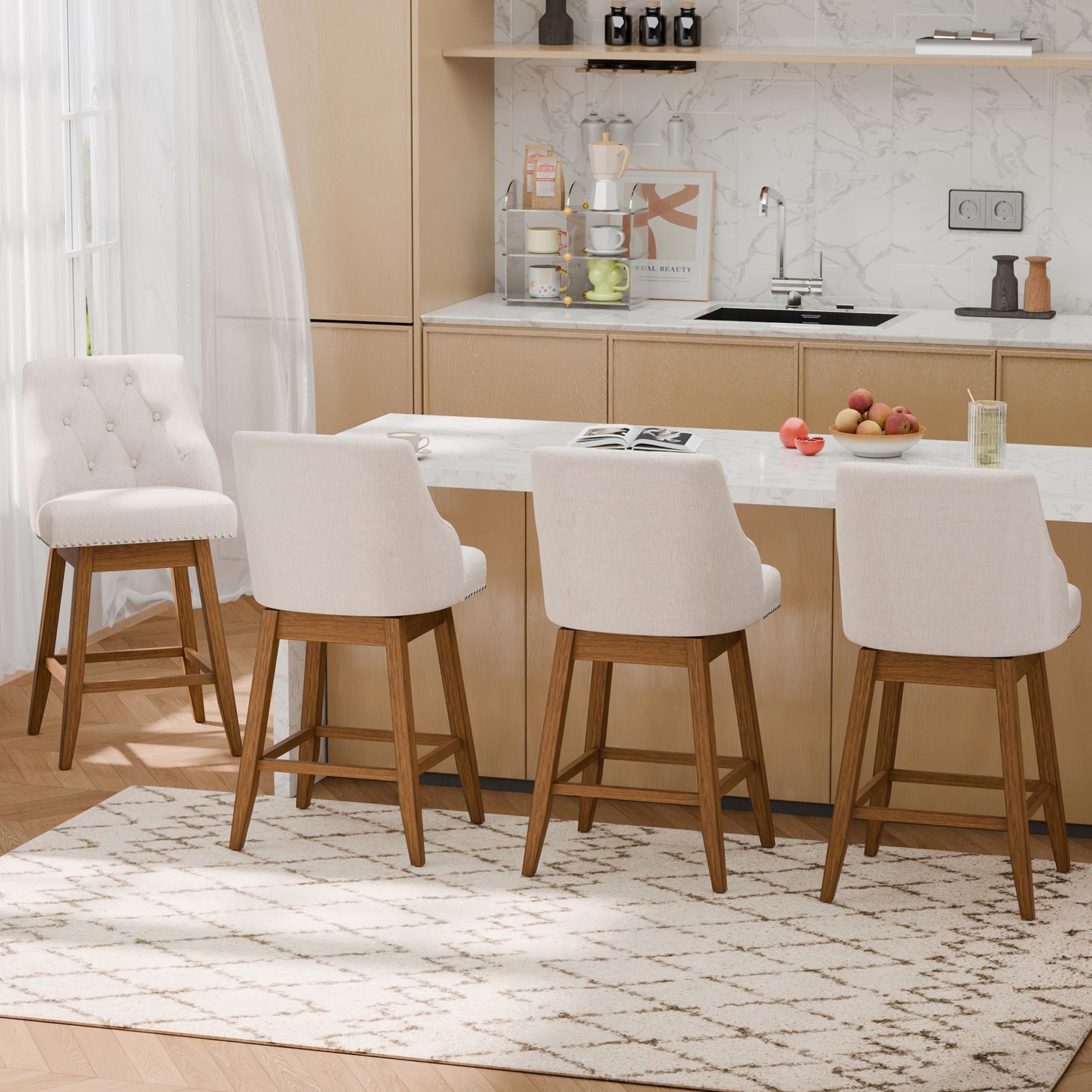 Swivel Bar Stools Set of 2 Upholstered Barstools with with Tufted Backs