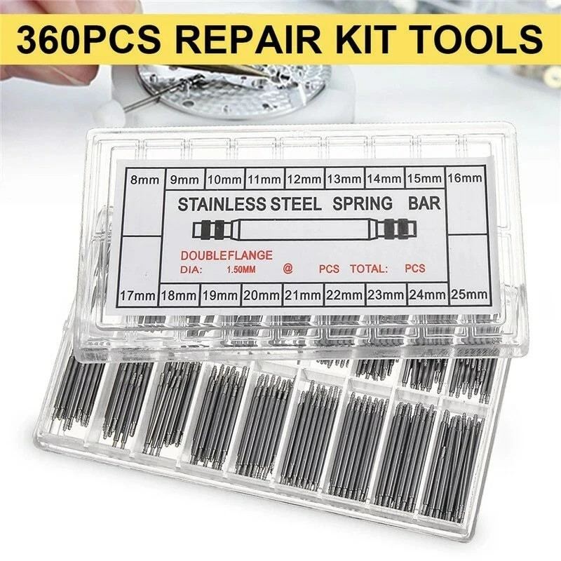 360pcs Watch PIN SPRING BARS Band Strap Link 8-25mm Repair Kit Stainless Steel