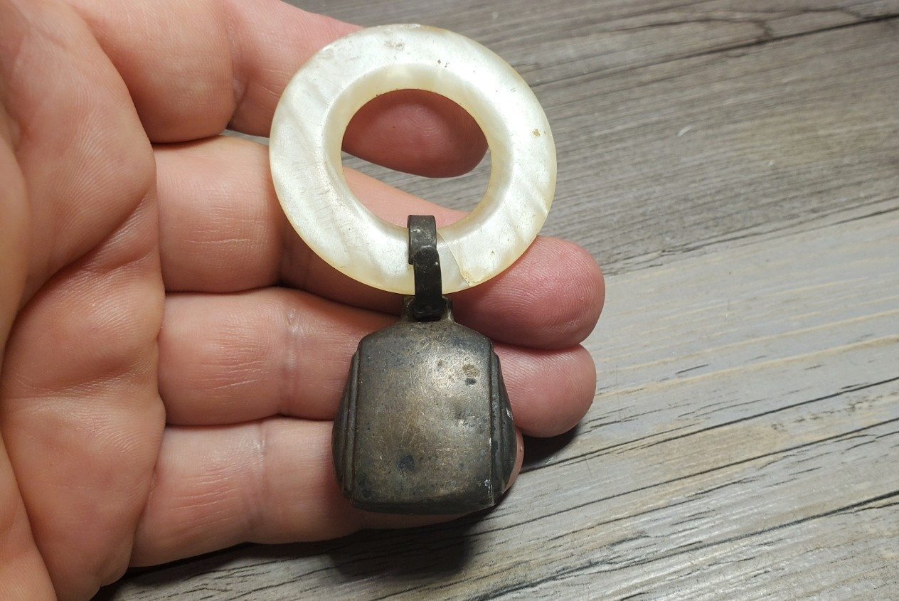Antique Sterling Silver Mother of Pearl Art Deco Cowbell Baby Rattle Heirloom