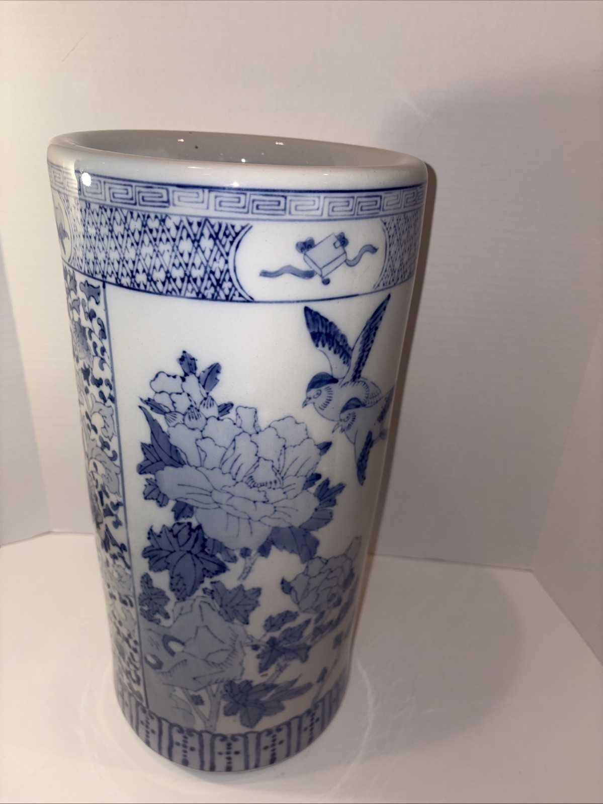 Vintage Umbrella Stand Blue and White Greek Key Chinoiserie Birds Chinese 18”