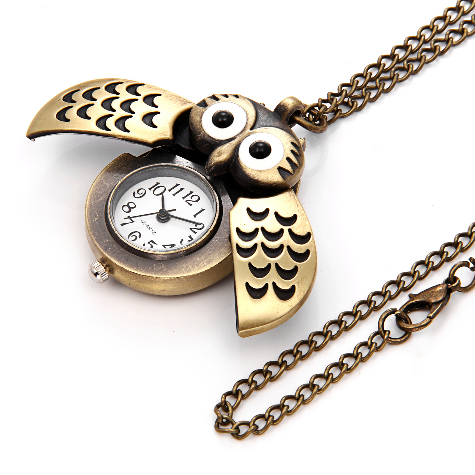 Vintage Retro Owl Wings Bronze Tone Open Face Pocket Watch Pendant Necklace