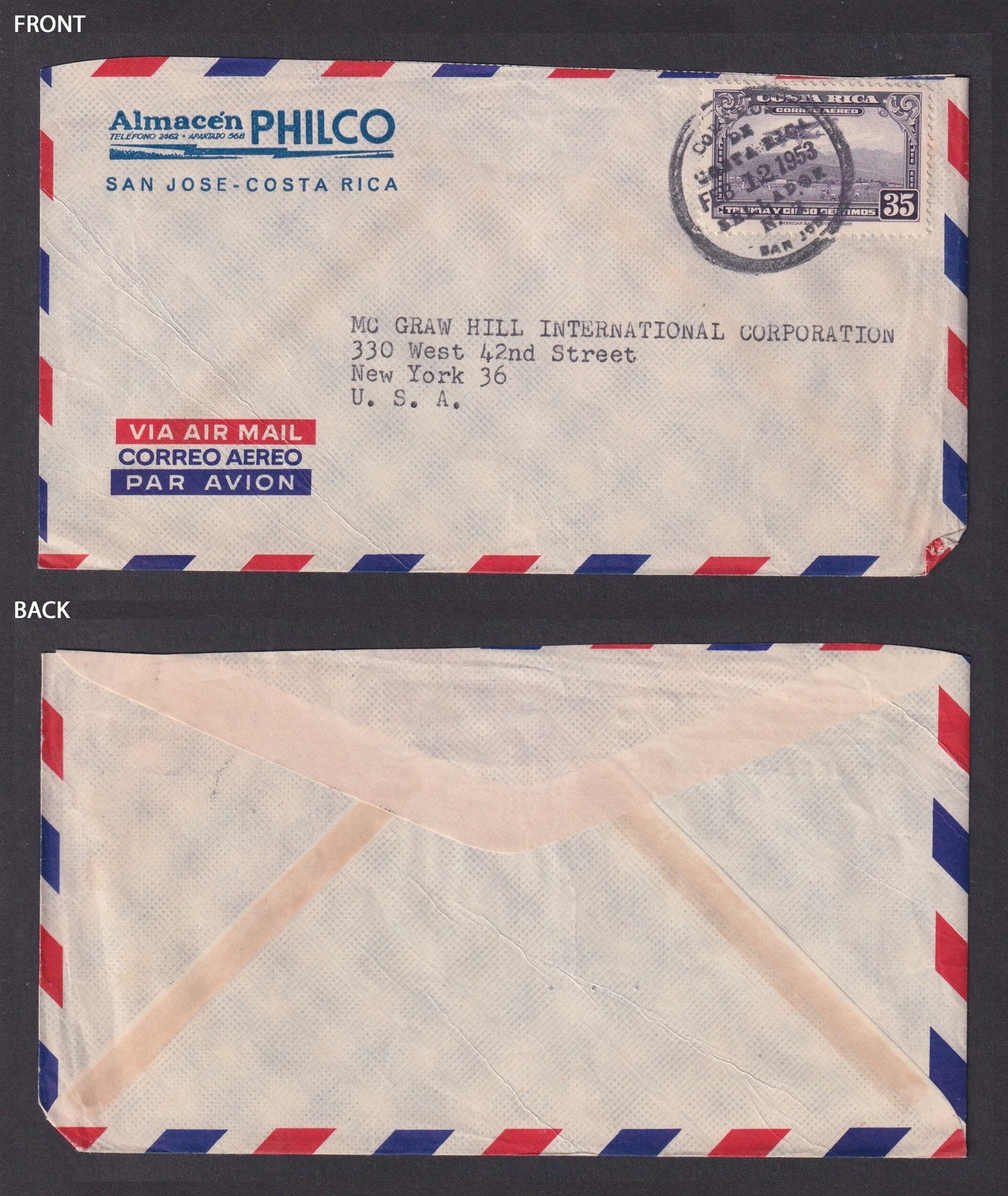 Costa Rica 1953 Air Mail cover San Jose to New York USA