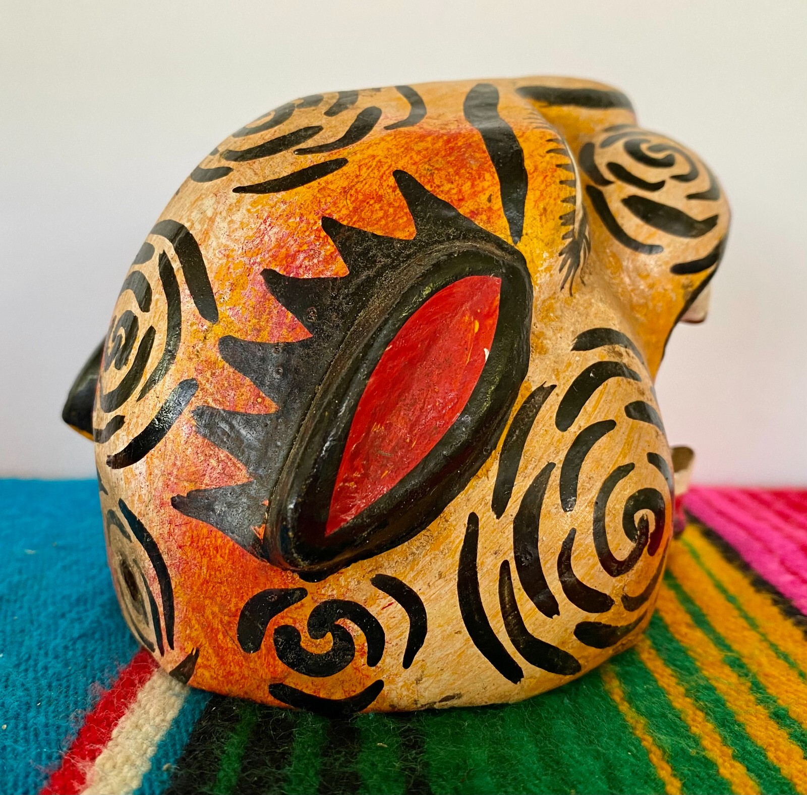 Mexican Folk Art Carved Wood Jaguar Leopard Cat Head Lion Face Mask Guerrero 5"