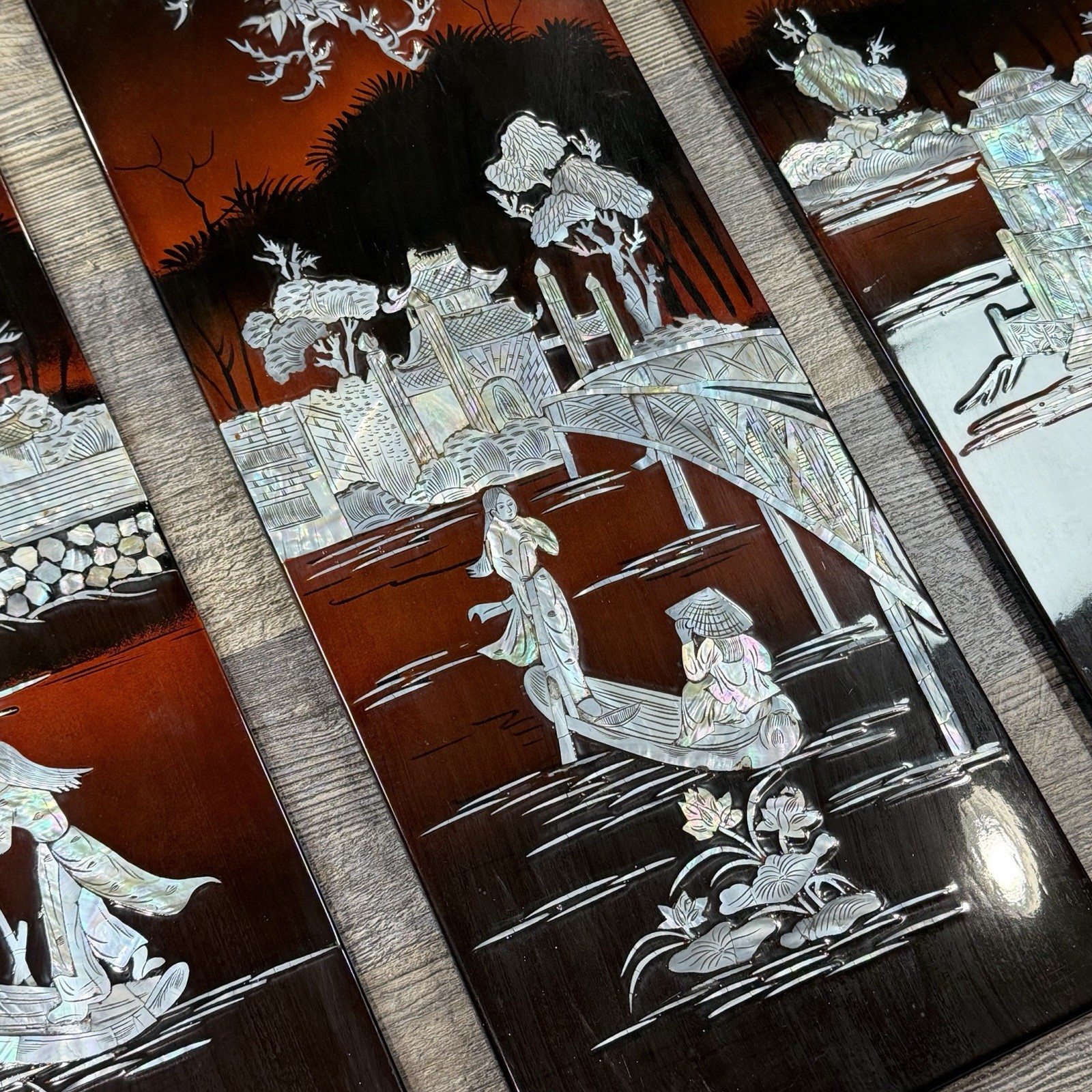 3 Vintage Asian Mother of Pearl Inlay Red Lacquer Wall Panels Village Landscape