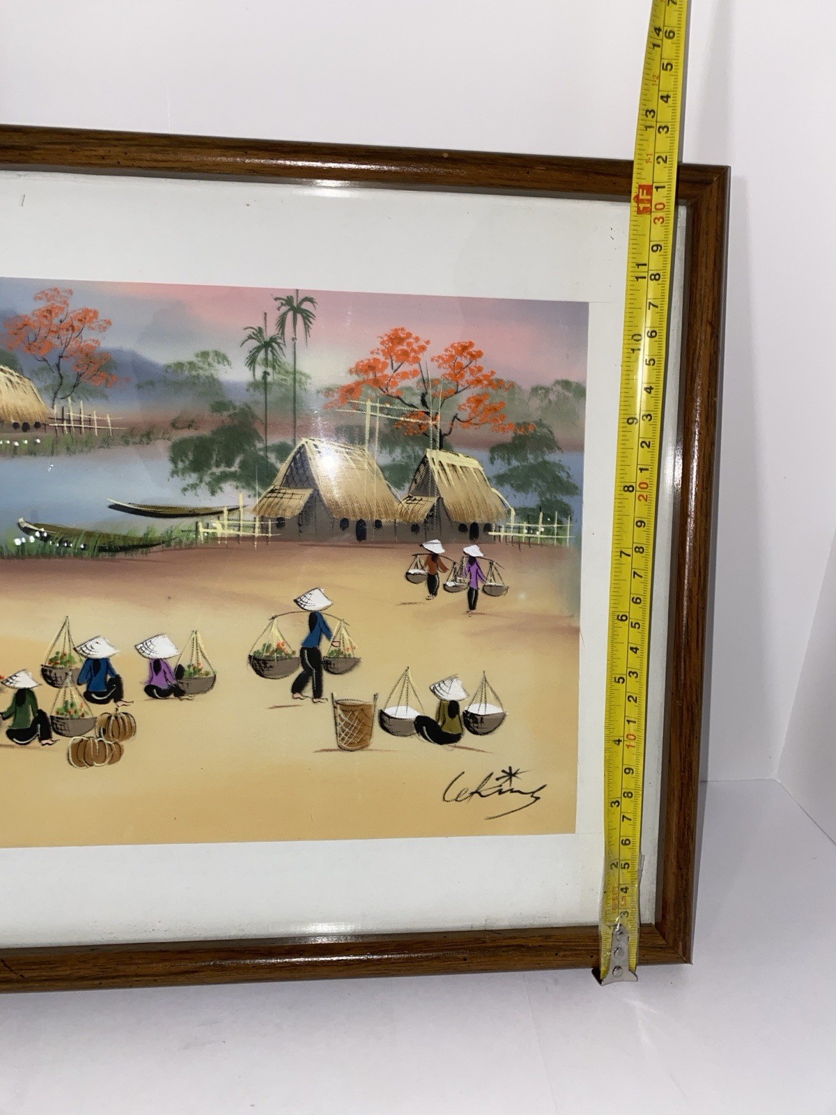 Framed Vietnamese Asian Art Silk Screening Water Colors Signed “Women Working”