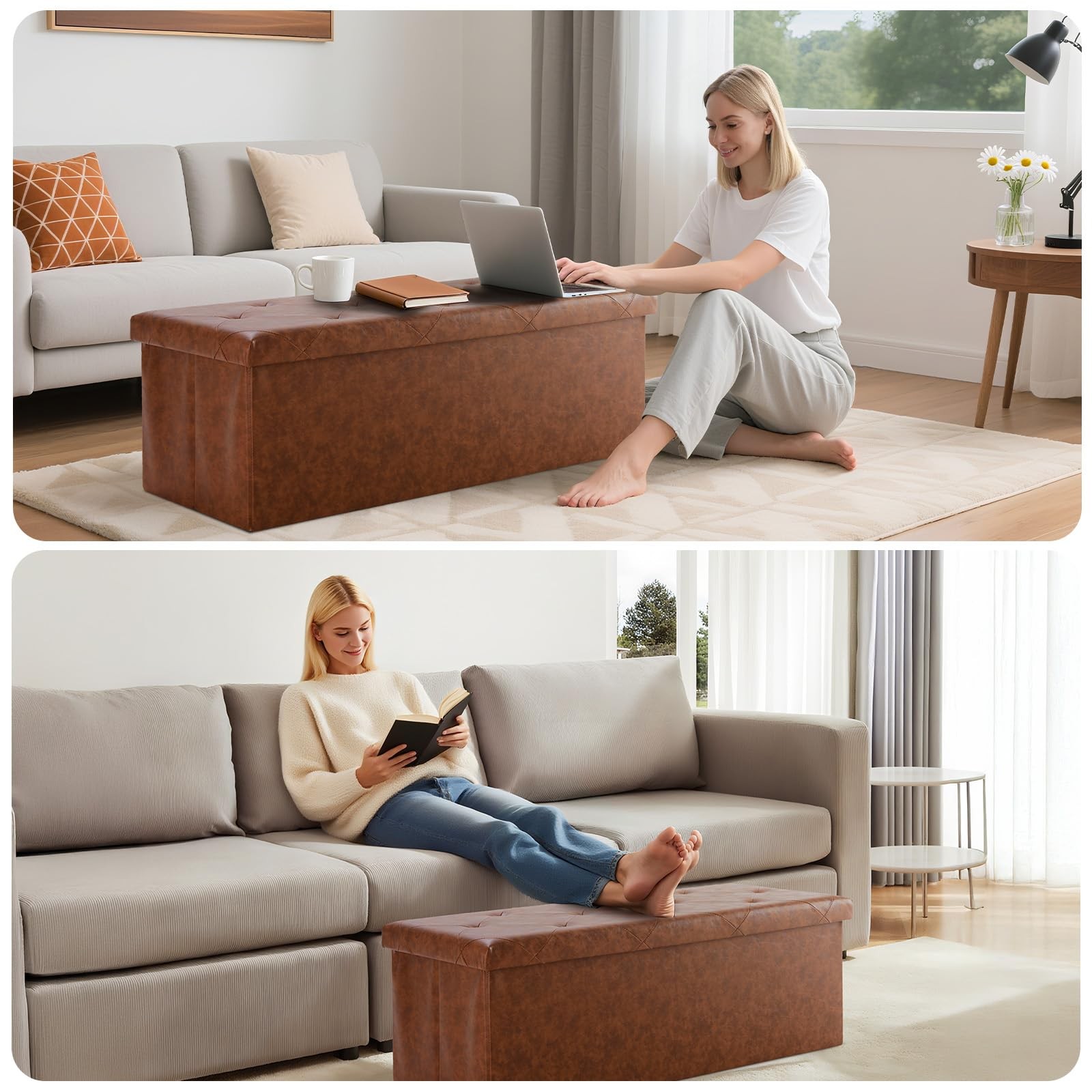 Foldable Storage Ottoman Bench 43in, Foot Rest Stool, Synthetic Leather Stora...