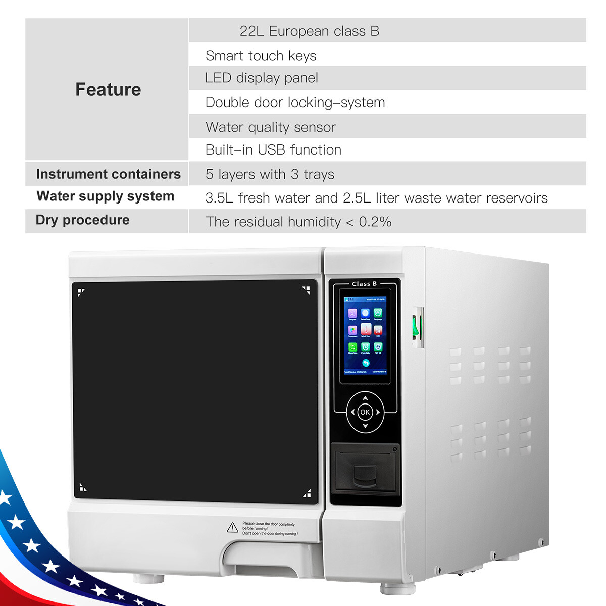18L Dental Autoclave Steam Sterilizer Medical Class B Sterilization LCD Printer
