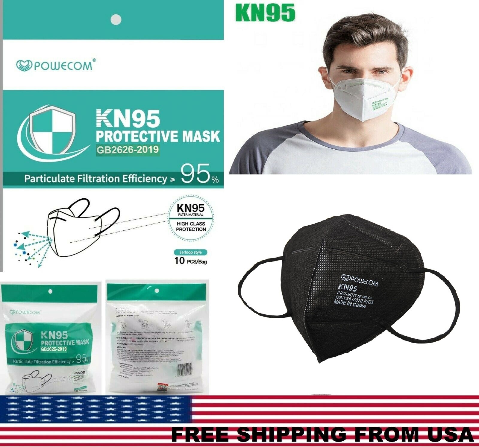 Powecom KN95 Protective Face Mask Respirator KN 95 GB2626-2019 ✅ White | Black