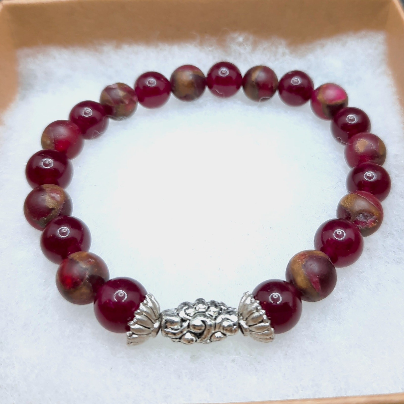 Red Jasper Beaded Bracelet Artisan Made 8mm Gemstone Stretch Tibetan Silver NEW