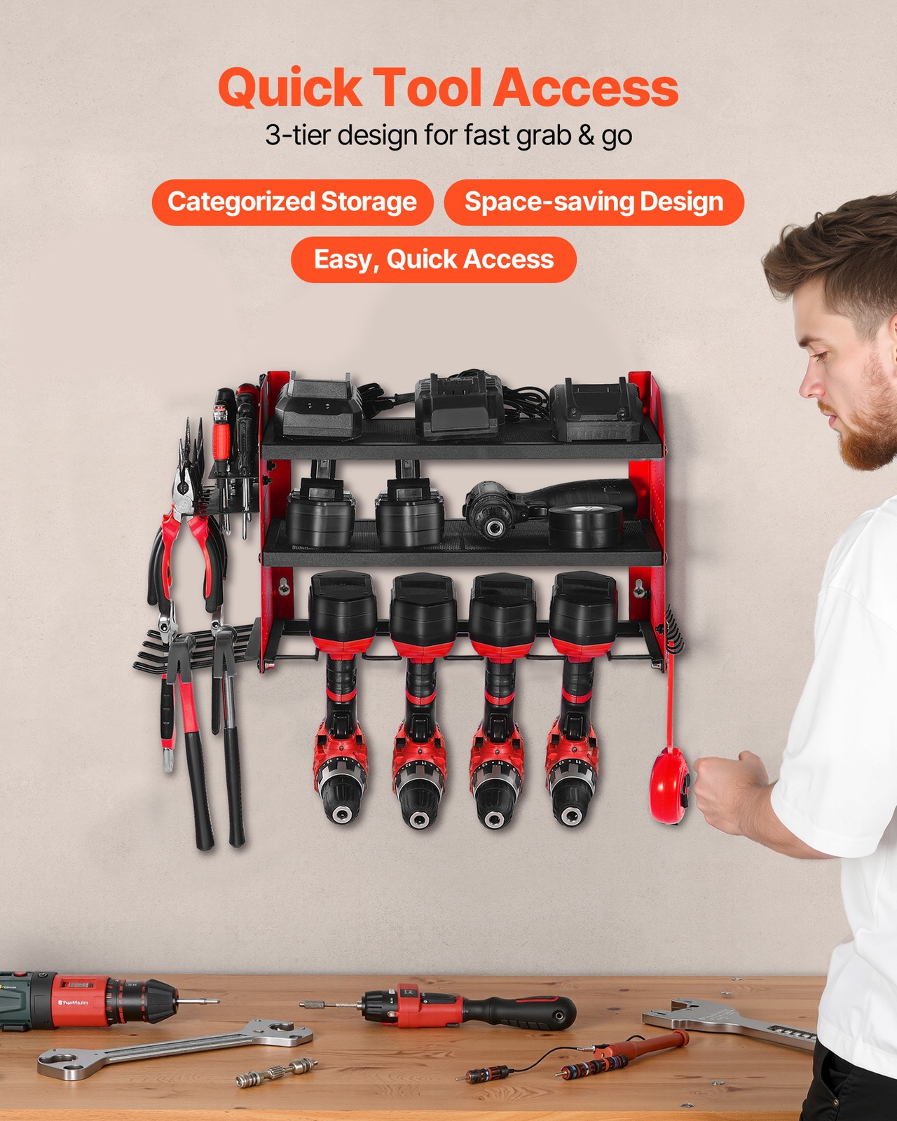 VEVOR Power Tool Organizer Wall Mount 3-Layer Drill Storage Rack 4 Drill Holders