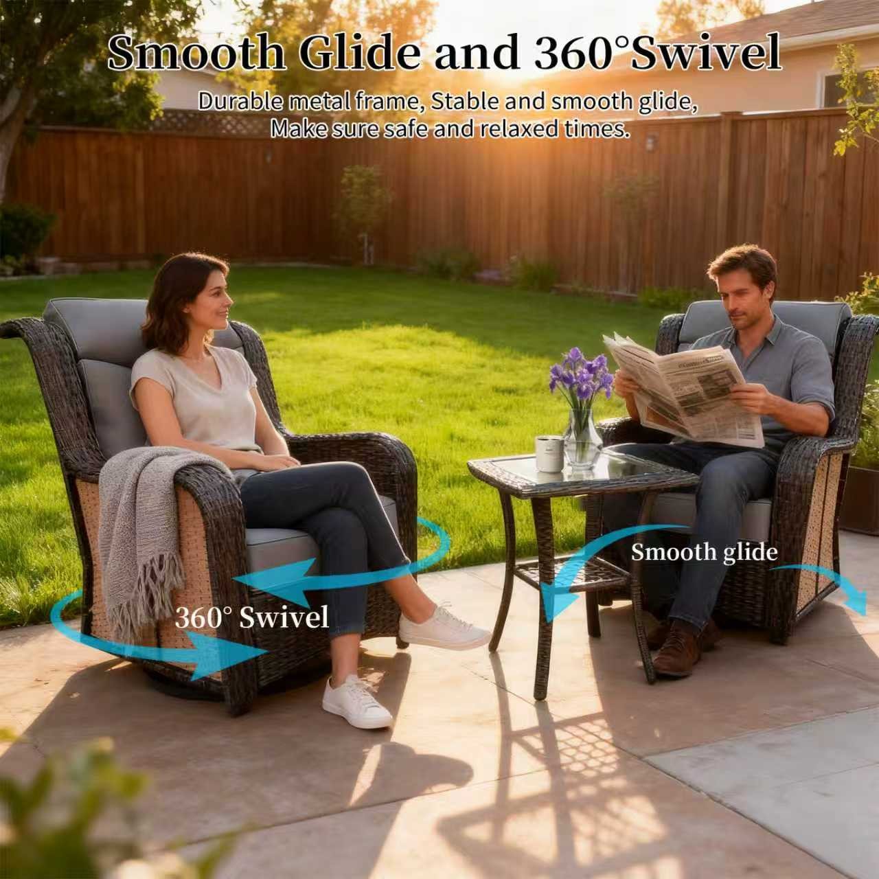 3PCS Wicker Patio 360° Swivel Rocker, Outdoor Swivel Rocking Chair Set w/ Table