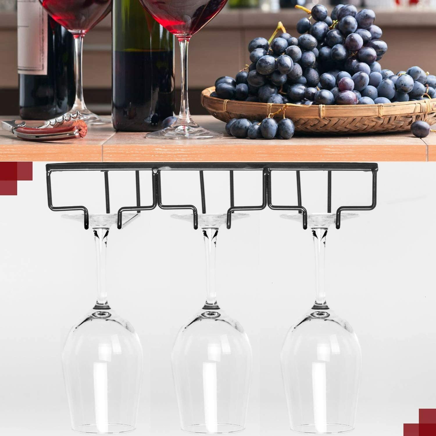 3 Rows Under Cabinet Stemware Wine Glass Holder Glasses for Bar Kitchen Black