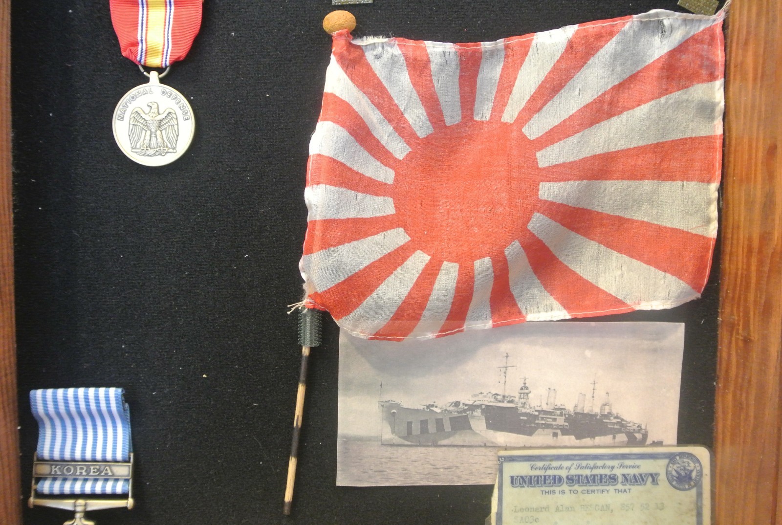 Vintage World War 2 Shadow Box US Navy Medals Ribbons Currency Flag USS Piedmont