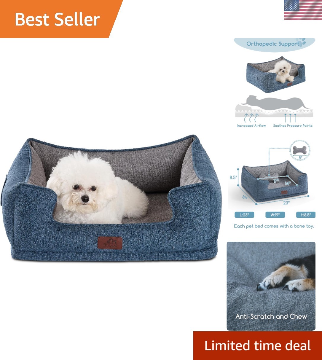Dog Bed for Large Medium Small Dogs/Puppy, Rectangle Washable, Orthopedic, Soft