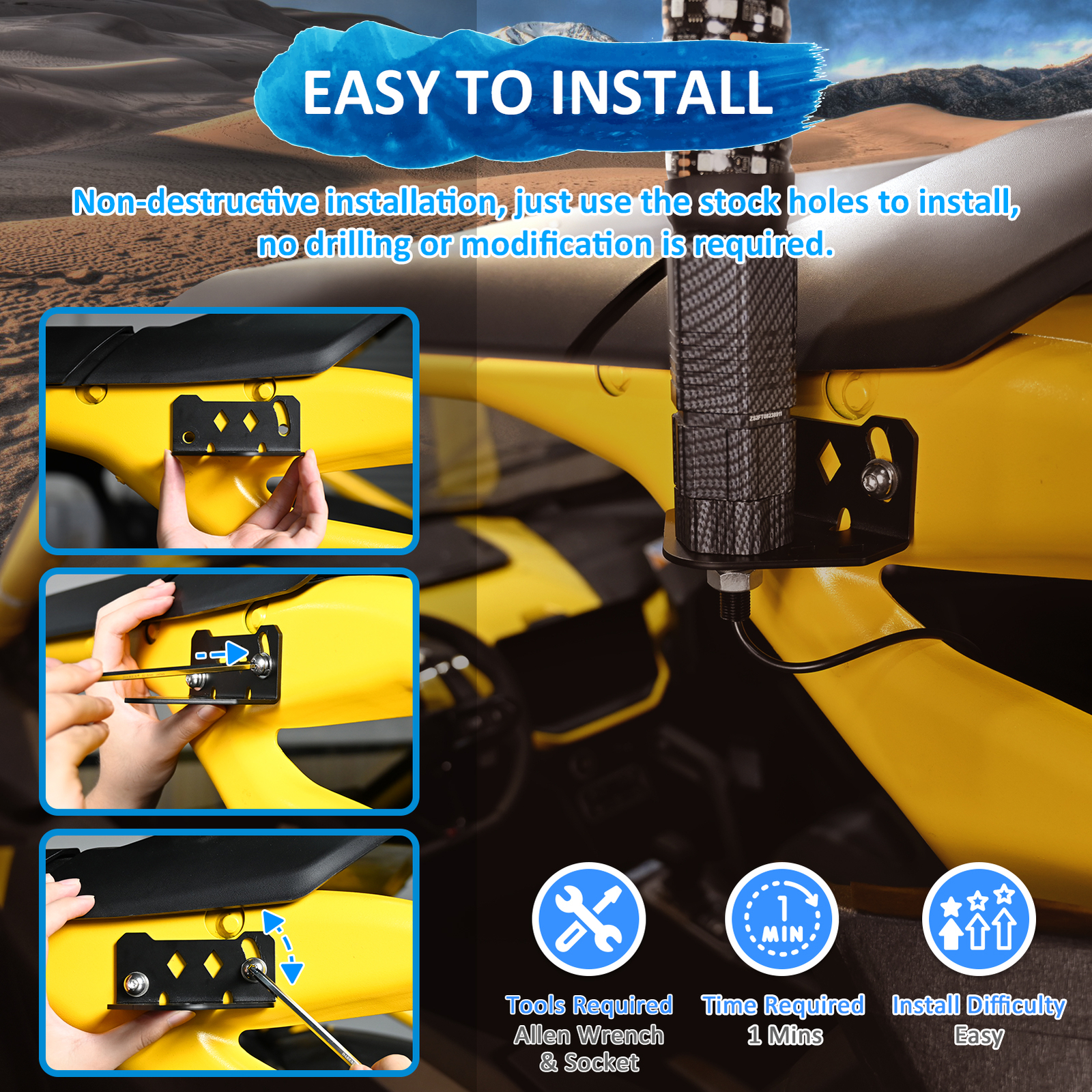 Pair 2FT Fat RGB LED Spiral Whip Light Mounts Kit For Can Am Maverick R/R Max