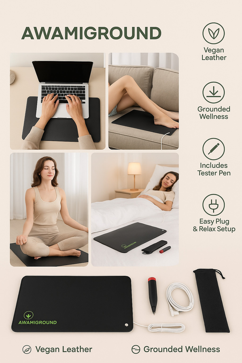 Grounding mat by Awami ground with 15 feet cord and tester pen included