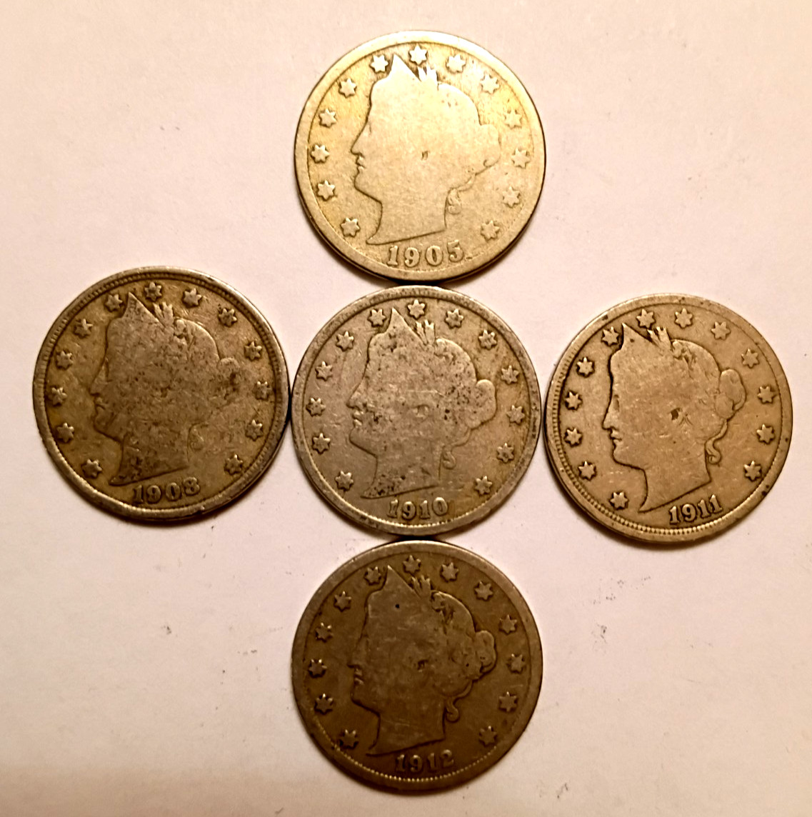 Liberty Head "V" Nickels Lot #31-1905, 1908, 1910, 1911, 1912