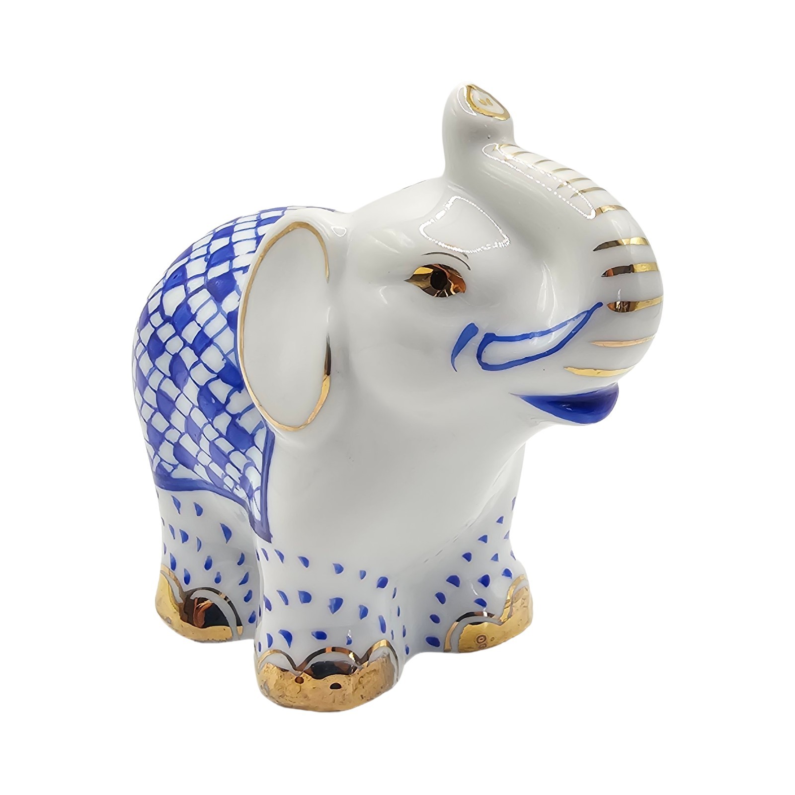 Vintage Blue Fishnet Porcelain Elephant Figurine Gold Accents Trunk Up Lucky 4"