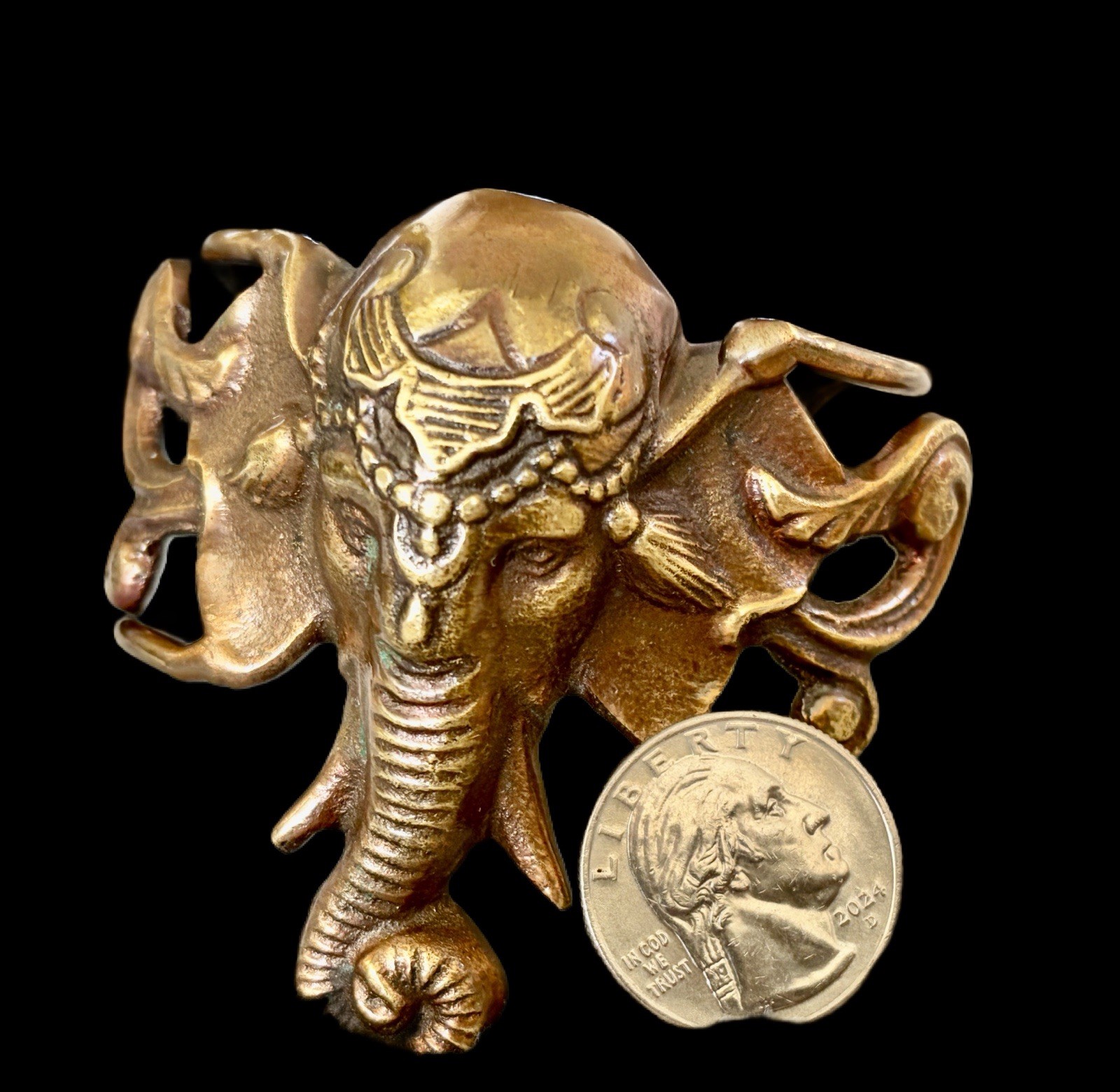 Large Figural Vintage Brass Elephant Head Cuff Bracelet~Boho 1970s