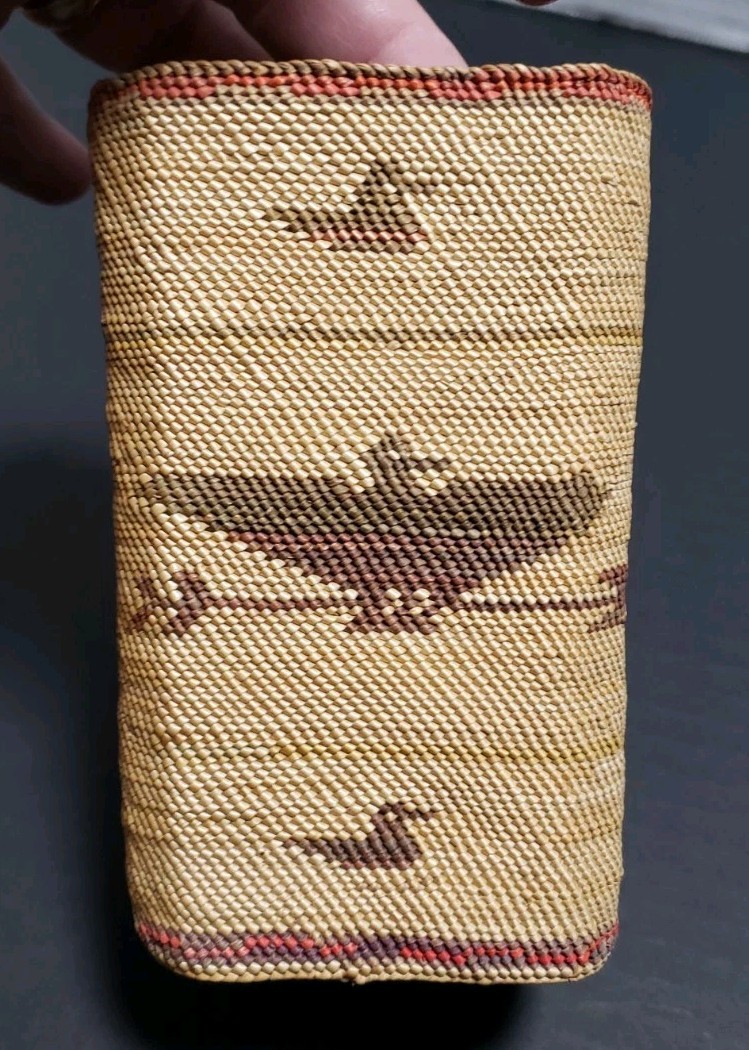 Vtg PNW Makah Native American Square Basket Animal Motif Whale Bird 3x5.5"