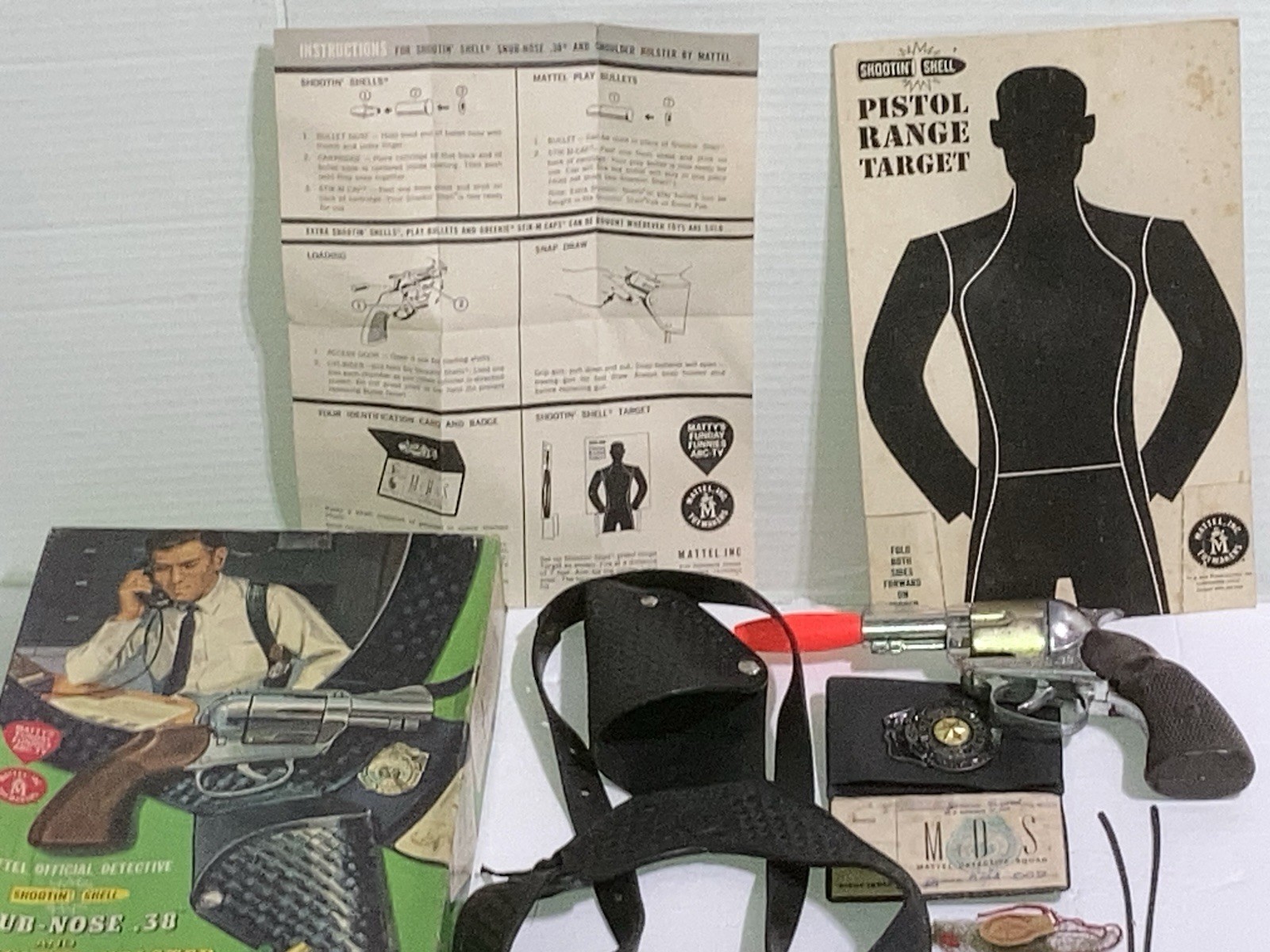 1959 Mattel Shootin' Shell Snub-Nose 38 Toy & Holster, Badge & Papers In Box