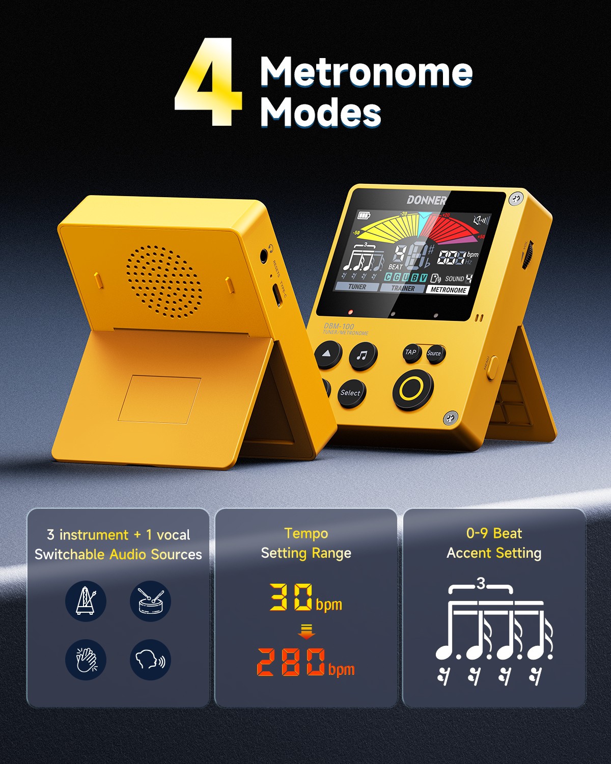 Donner DBM-100 Digital Metronome Tuner Guitar Bass Piano Drum Saxophone | Yellow