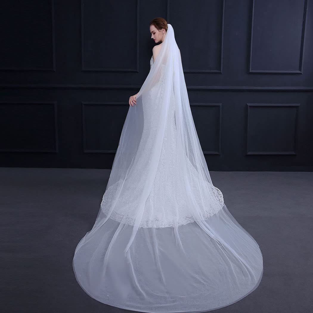 Ursumy Wedding 2T Veil Long Cathedral Soft Tulle free size, White-2 Tier
