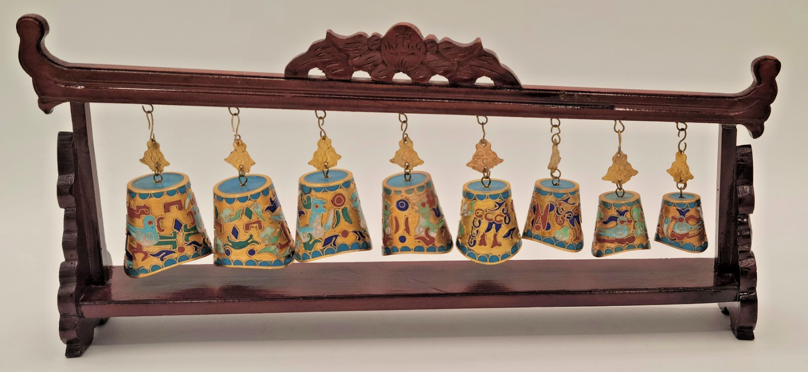 Chinese Cloisonne Graduated Musical Bell Set on Wood Carved Stand FREE SHIP