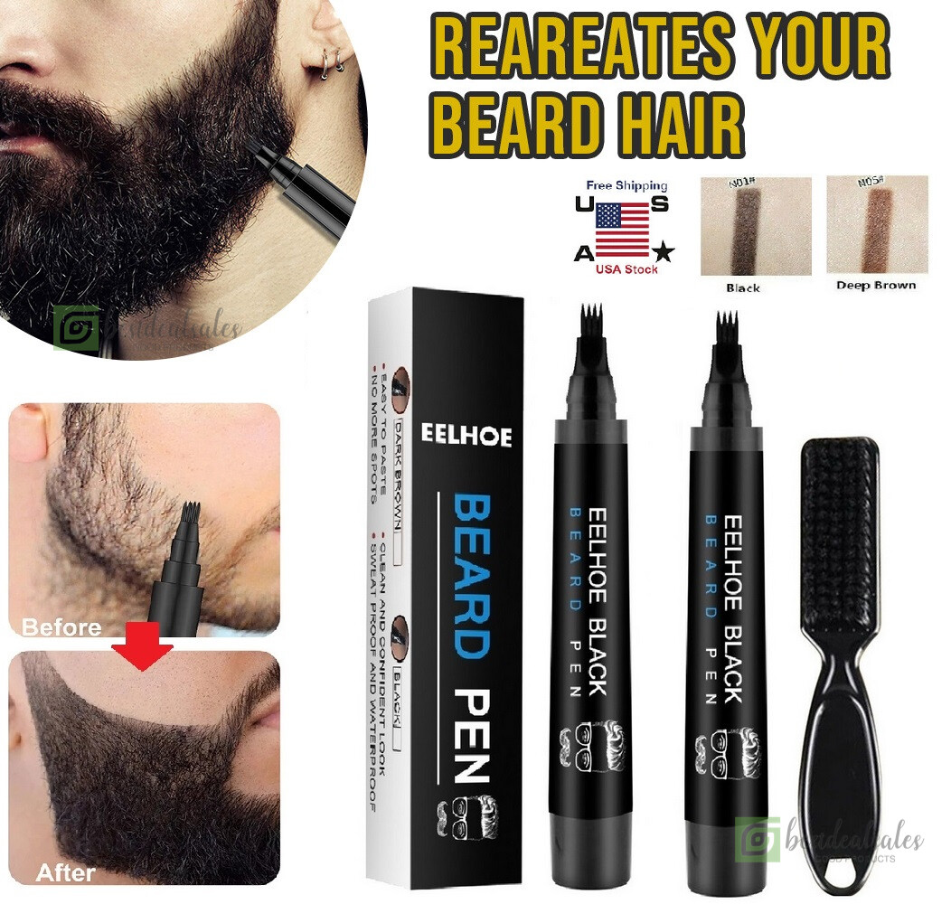2× Waterproof Beard Pencil Filler Long Last Hair Grower Moustache Eyebrow +Brush