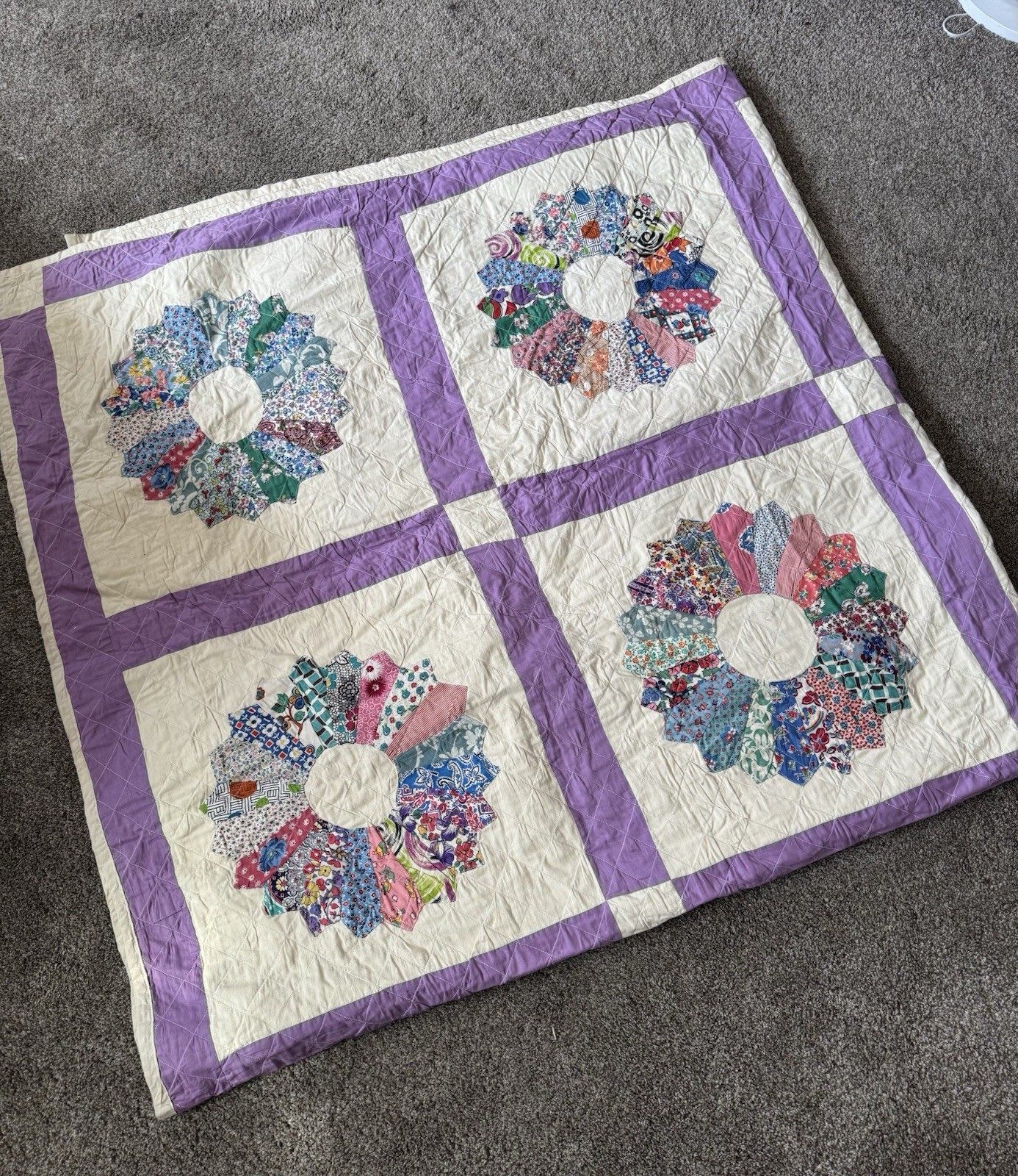 Vintage Dresden Plate Patchwork Quilt Blanket 1940s 1950s Feedsack 89x89