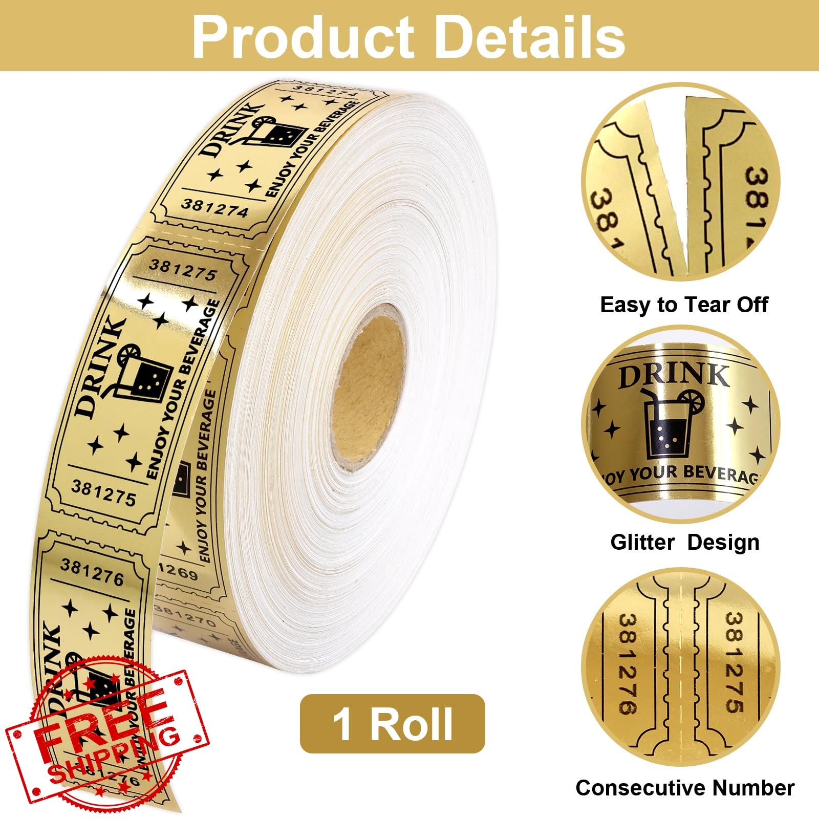 Ceiba Tree 1000 Gold Raffle Tickets Roll Drink Tickets Event Party Supplies