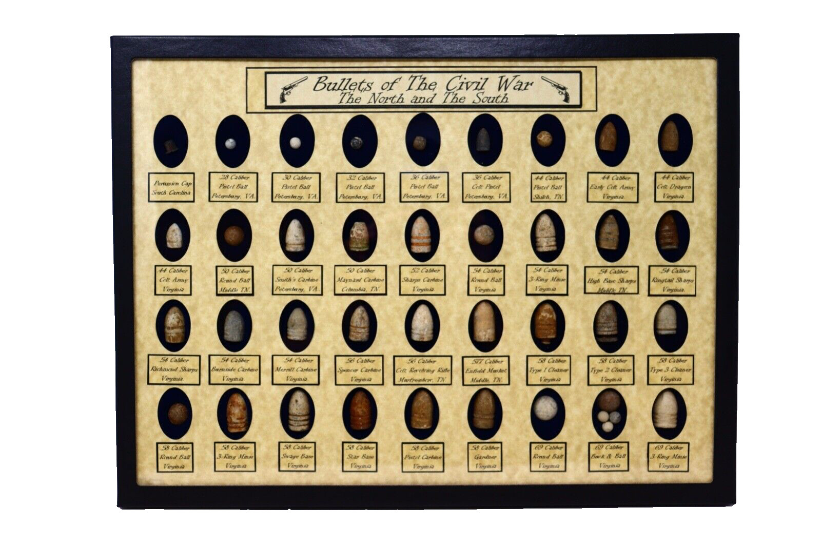 Civil War Relics 36 Authentic Bullets in Matted Display Case with COA