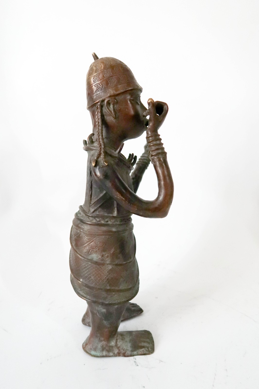 Large 20" BENIN Bronze Flute Player Sculpture Edo Nigeria Art King Oba Messenger
