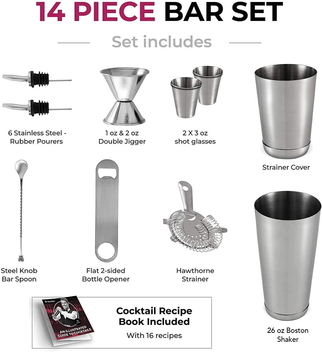 Expert 14-Piece Cocktail Shaker Bar Set – Stainless Steel Bartender Kit New